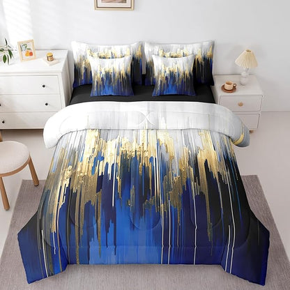 Navy Bedding Twin Size 7-Piece Graffiti Ombre Comforter Set Brush Strokes Oil Painting Bedding Comforter Sets Modern Contemporary Bed in a Bag, Gold Metallic Abstract Gradient Bedding Accessories