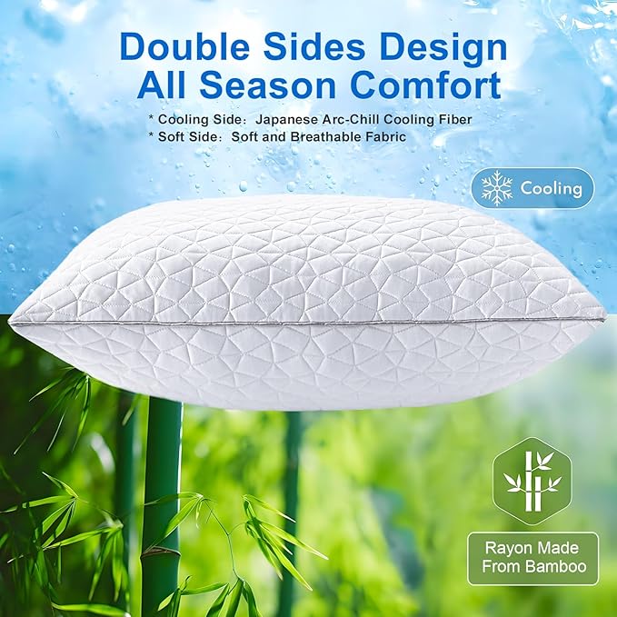 Cooling Pillows Queen Size Set of 4, Shredded Memory Foam Pillows, Adjustable Firm Bed Pillows Cool Cold Pillow for Hot Side Back Stomach Sleepers with Removable Washable Cover, 20" x 30", White