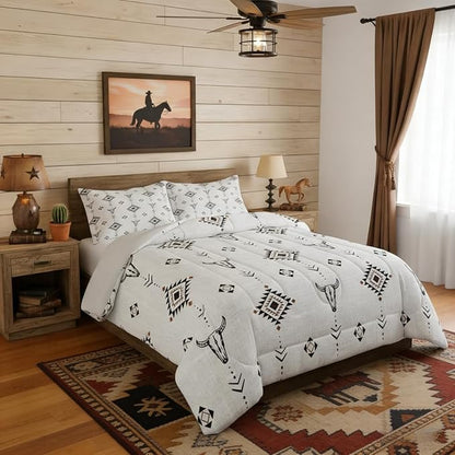 Erosebridal Western Aztec Comforter Set King Size, Boho Farmhouse Bedding Set for Kids Boys Teens Ethnic Southwest Bull Skull Cow Quilt American Native Southwestern Duvet Insert Bedroom Decor