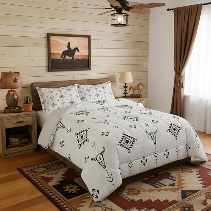 Erosebridal Western Aztec Comforter Set Twin Size, Boho Farmhouse Bedding Set for Kids Boys Teens Ethnic Southwest Bull Skull Cow Quilt American Native Southwestern Duvet Insert Bedroom Decor