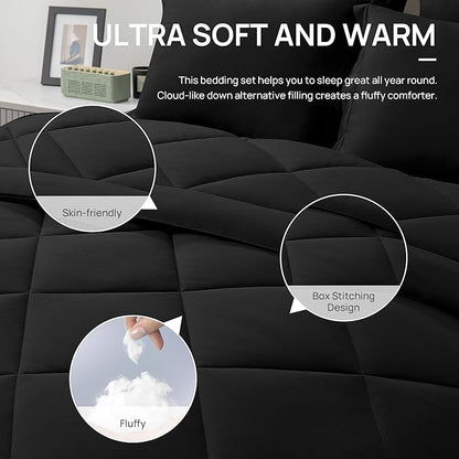 Love's cabin Twin Comforter Set Black, 5 Pieces Twin Bed in a Bag, All Season Bedding Sets with 1 Comforter, 1 Flat Sheet, 1 Fitted Sheet, 1 Pillowcase and 1 Pillow Sham