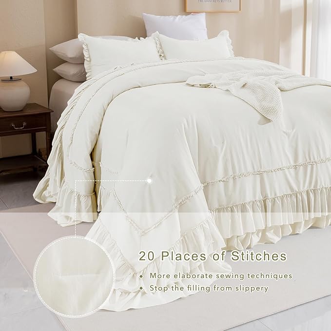QSH Ivory Ruffled Oversized King Comforter 120x120,3PCs Farmhouse Shabby French Country Chic Ruffle Bed Comforter Set Lightweight Boho California King Comforter Ultra Soft Microfiber Fluffy Bedding