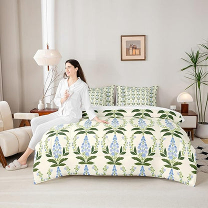 Feelyou Girls Vintage Flower Comforter Set with Sheets Full Size 7 Pieces Kids Romantic Florals Pattern Bedding Set for Boys Women Teens Botanical Nature Garden Theme Bed in a Bag Room Decor