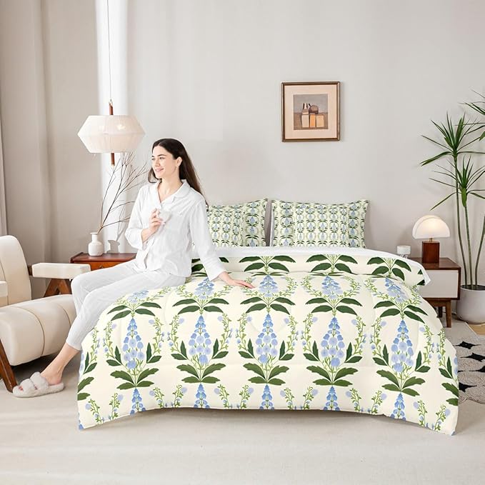 Feelyou Girls Vintage Flower Comforter Set with Sheets King Size 7 Pieces Kids Romantic Florals Pattern Bedding Set for Boys Women Teens Botanical Nature Garden Theme Bed in a Bag Room Decor