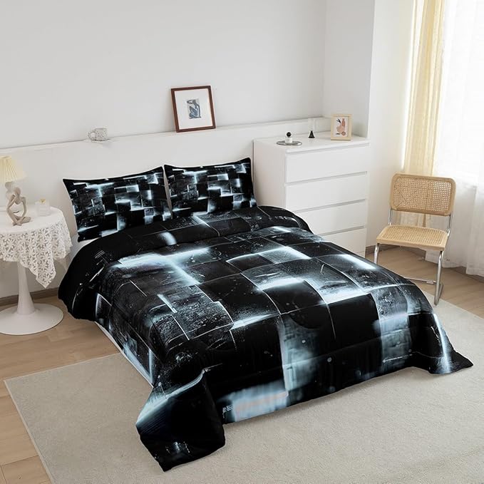 3D Geometric Bedding Set King Abstract Aesthetic King Comforter Black and Greyish White Duvet Insert Glowing Futuristic Cube Quilt Comforter Neon Grid Bedding Comforters & Sets 3pcs (Black Reversible)