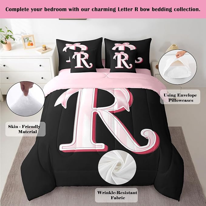 jejeloiu Kawaii Pink Bow King Comforter Set with Sheets,Gifts for Women Teen Girl,Personalized Initial Letter R 7 Piece Bedding Set,Soft Monogrammed Bed in a Bag with Comforter,Sheets,Pillowcases