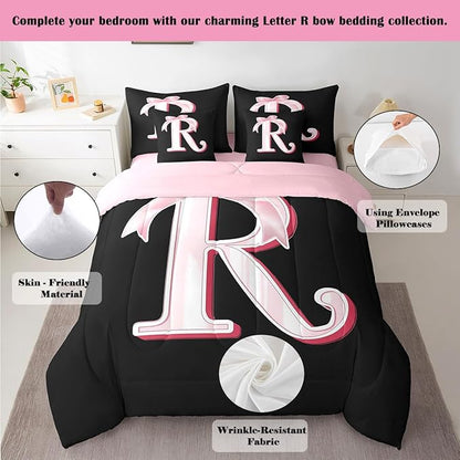 jejeloiu Kawaii Pink Bow Queen Comforter Set with Sheets,Gifts for Women Teen Girl,Personalized Initial Letter R 7 Piece Bedding Set,Soft Monogrammed Bed in a Bag with Comforter,Sheets,Pillowcases