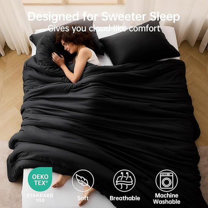 MUXHOMO Black Queen Comforter Set, All Season Ultra Soft Down Alternative Bedding - 3 Piece Lightweight Bed Set Includes 1 Comforter (90"x90") and 2 Pillow Shams (20"x26")