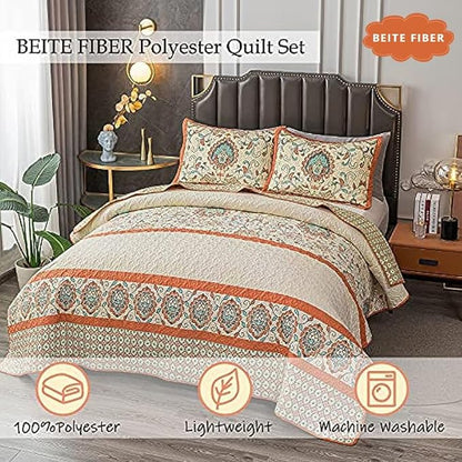 Bohemian Twin Size Comforter Quilt Sets -2 Pieces Red Quilts 100% Cotton(1Quilt,1 Pillow Shams) with Reversible Bedspreads Bohemian Patchwork Bedding Set Sleep Companion