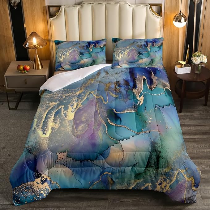 Erosebridal Golden Marble Grain Bedding Set King, Abstract Marble Texture Design Duvet Insert Marbling Comforter Set Iridescent Ink Fluid Art Duvet Filler Pastel Purple Teal Green Home Decor