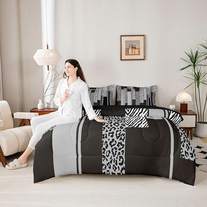 Erosebridal Grey Black Leopard Print Stripes 7 Piece Bedding Set Twin | Zebra Cheetah Fur Pattern Comforter Set with Sheets Wild Animal Skin Bed in A Bag Geometric Adults Men Women Bed Sets