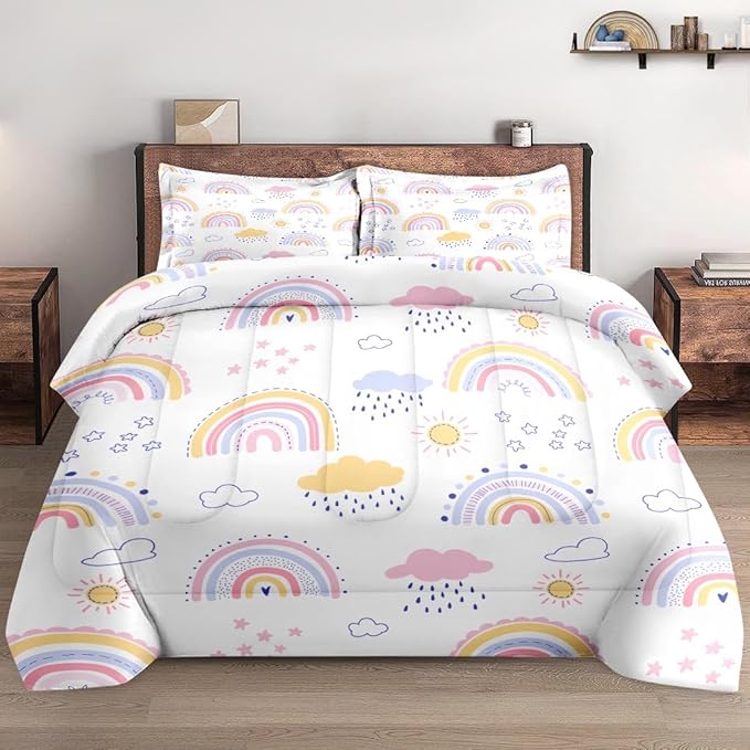 Queen Size Comforter Set with 2 Pillowcases, Pink Rainbow Kids Nursery Soft 3 Pcs Bedding for Kids and Adults Bedroom Bed Decor