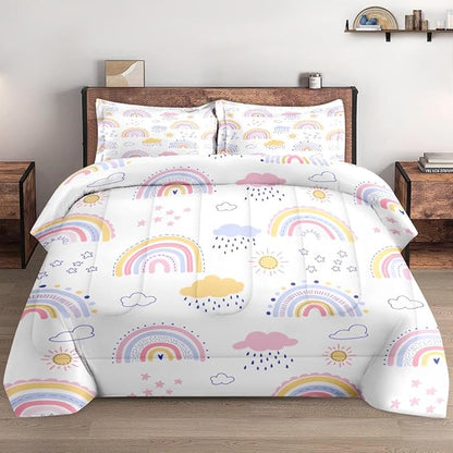 Queen Size Comforter Set with 2 Pillowcases, Pink Rainbow Kids Nursery Soft 3 Pcs Bedding for Kids and Adults Bedroom Bed Decor