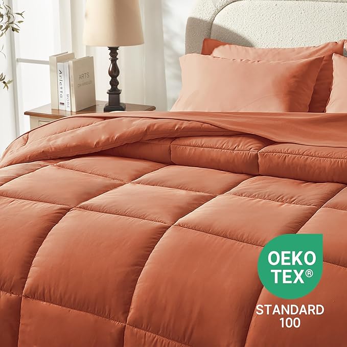 SunStyle Home Burnt Orange Full/Queen Comforter Set - 7 Pieces Bed in a Bag, Lightweight Goose Down Alternative Bedding Sets with All Season Comforter, 1 Flat Sheet, 1 Fitted Sheet, 4 Pillowcases