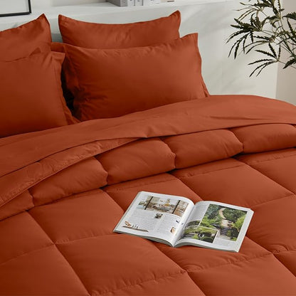 COZYART Queen Comforter Set 7 Pcs, Burnt Orange Bed in a Bag, All Season Lightweight Soft Reversible Bedding Set, 1 Comforter, 1 Flat Sheet, 1 Fitted Sheet, 2 Pillow Shams, 2 Pillowcases