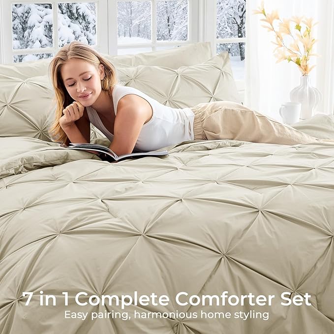 Sasttie King Size Comforter Set, 7-Piece Bed in a Bag, Pintuck Bedding Set for All Season, Includes Comforter, Flat Sheet, Fitted Sheet, Pillowcases and Pillowshams, Linen