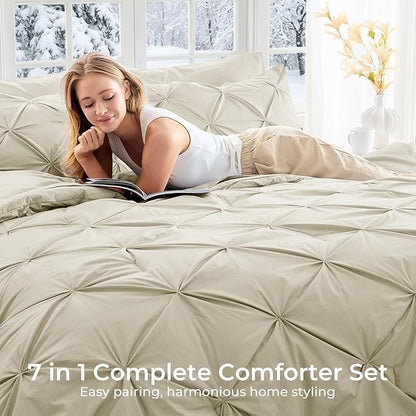 Sasttie Twin XL Comforter Set, 5-Piece Bed in a Bag, Pintuck Bedding Sets for All Season, Includes Comforter, Flat Sheet, Fitted Sheet, Pillowcase and Pillowsham, Linen