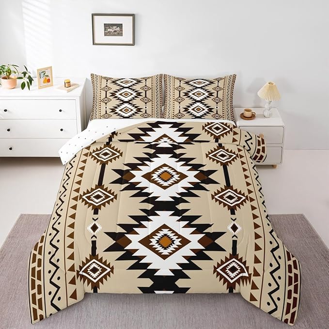 Feelyou Beige Brown Western Bedding Set Toddler Size Southwestern Aztec Comforter Set Country Tribal Native American Rustic Duvet Quilt