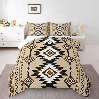 Feelyou Beige Brown Western Bedding Set King Size Southwestern Aztec Comforter Set Country Tribal Native American Rustic Duvet Quilt