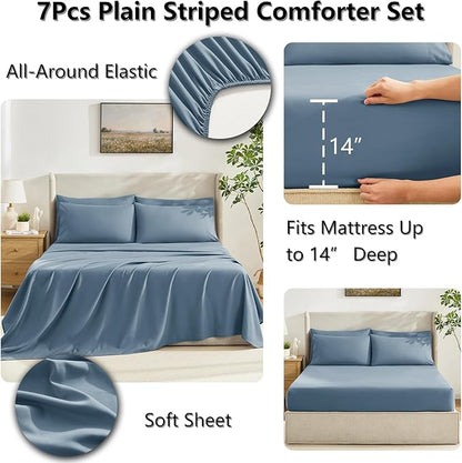 CozyLux Queen Comforter Set Mineral Blue, 7 Pieces Bed in a Bag, Blue Comforter Queen Size, All Season Bedding Sets with Stitch Quilted Comforter, Flat Sheet, Fitted Sheet, Pillowcases