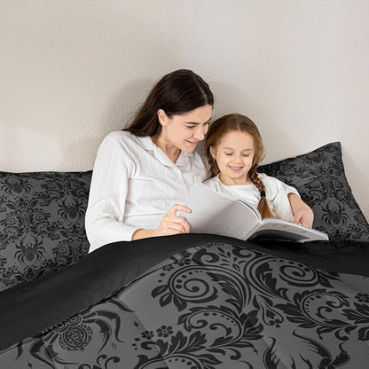 Feelyou Adults Gothic Comforter Set Queen Size Dark Olive Green Damask Bedding Set for Kids Boys Girls Spider Duvet Quilt Bedroom Decor Microfiber 3 Pcs with 2 Pillow Cases