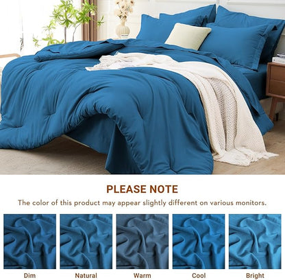 MUXHOMO 7 Pieces California King Comforter Set, Soft Bed in a Bag Cal King Size, All Season Bedding Set with Comforter, Flat Sheet, Fitted Sheet, Pillowcases & Shams, Bluish Green