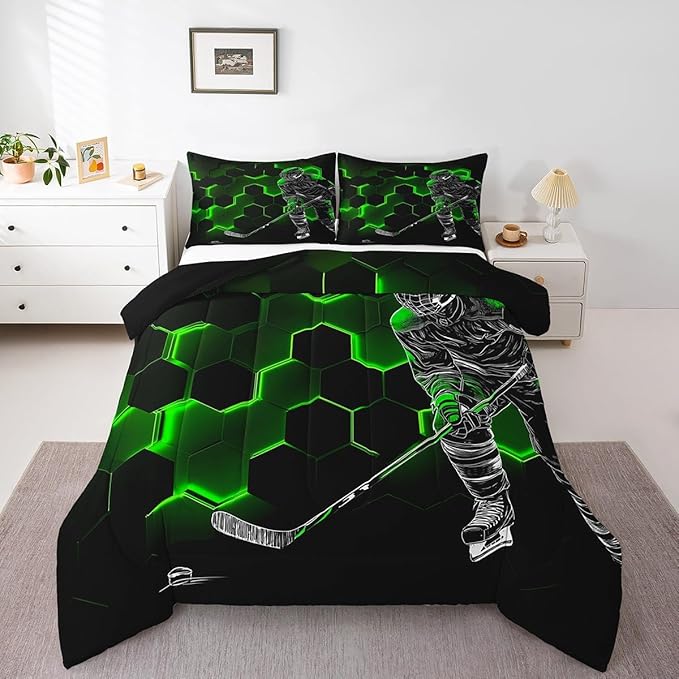 Erosebridal Green Neon Printed Hexagonal Bedding for Boys,Hockey Comforter King for Youth,Ice Hockey Quilt Inner Fill,Graffiti Geometric Lines Abstract Duvet Insert with 2 Pillowcases