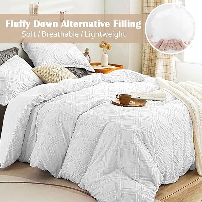 Nanko White Tufted King Comforter Set Jacquard Boho Geometry Soft Shabby Chic Reversible Down Alternative Microfiber Bedding - All Season Duvet Modern Farmhouse Bed Sets Women Men Size 104 x 90 3 PCs