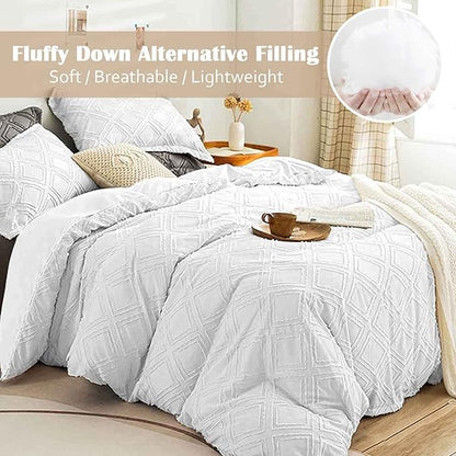 Nanko White Tufted King Comforter Set Jacquard Boho Geometry Soft Shabby Chic Reversible Down Alternative Microfiber Bedding - All Season Duvet Modern Farmhouse Bed Sets Women Men Size 104 x 90 3 PCs
