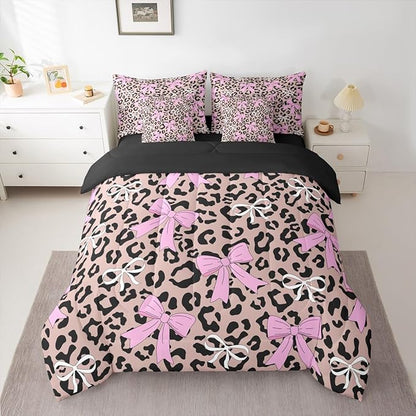 Erosebridal Bow Leopard Girly Pink Full Comforter Set 7 Pieces | Bowknot Ribbon Bed in A Bag for Bedroom Fur Print Cheetah Bedding Set with Comforters Brown Black Room Decor