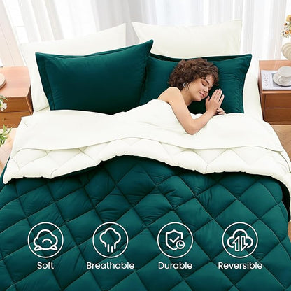 MUXHOMO 5 Pieces Twin XL Comforter Set, Reversible Bed in a Bag Twin XL Size, All Season Bedding Set with Comforter, Flat Sheet, Fitted Sheet, Pillowcases & Shams, Peacock Blue & Ivory