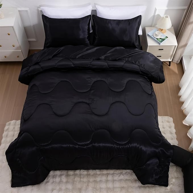 A Nice Night Satin Silky Soft Quilt Luxury Super Soft Microfiber Bedding Comforter Set, Light Weighted (Black, Twin)