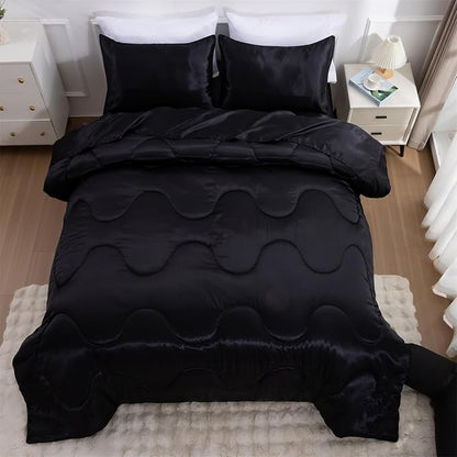 A Nice Night 5PCS Satin Silky Soft Quilt Luxury Super Soft Microfiber Bedding Thin Comforter Set Queen,Black