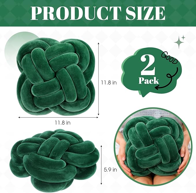 2 Pcs Knot Pillow Balls Set, 12 Inch Soft Decorative Throw Knot Pillow Ball, Large Square Knotted Floor Cushion for Living Room Bedroom Sofa Couch Bed Home Decoration(Dark Green)