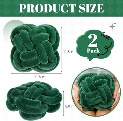 2 Pcs Knot Pillow Balls Set, 12 Inch Soft Decorative Throw Knot Pillow Ball, Large Square Knotted Floor Cushion for Living Room Bedroom Sofa Couch Bed Home Decoration(Dark Green)