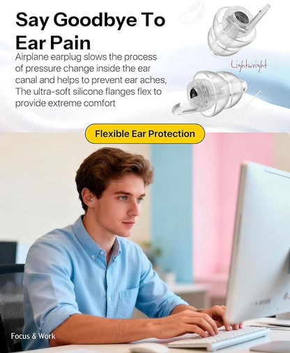 Airplane Ear Plugs Pressure Relief Earplugs 2 Pairs, Prevent Ear-Pain & Reduce Noise 25dB - Flight Essentials, Reusable Soft Plane Earbuds for Adult/Kids 12+, Travel Ear Protection Air Plugs