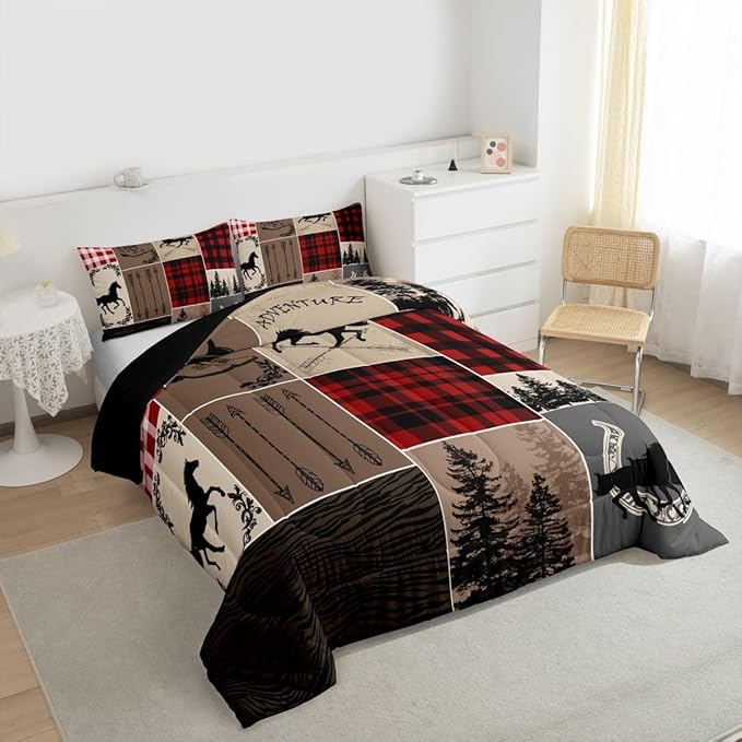 Erosebridal Rustic Patchwork Comforter Full, Retro Horse Bedding Set for Kids Teens Adult Checkered Buffalo Plaid Comforter Set Southwestern Riding Boots Horseshoe Duvet Insert Farmhouse Decorations