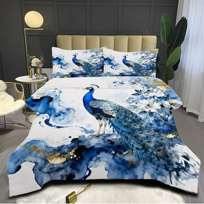 Peacock Comforter Set Queen 3 Pieces Blue Floral Bird Bedding Set for Teens Elegant Comforter with 2 Pillowcase, Super Soft Microfiber All Season