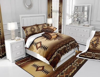 Southwest Bedding Set Full Size,Geometric Aztec Tribal Pattern Comforter Set Vintage Striped Western Quilt Set for Kids Girls Boys Adult Room Decor,Rustic Brown Duvet Insert,2 Pillowcases