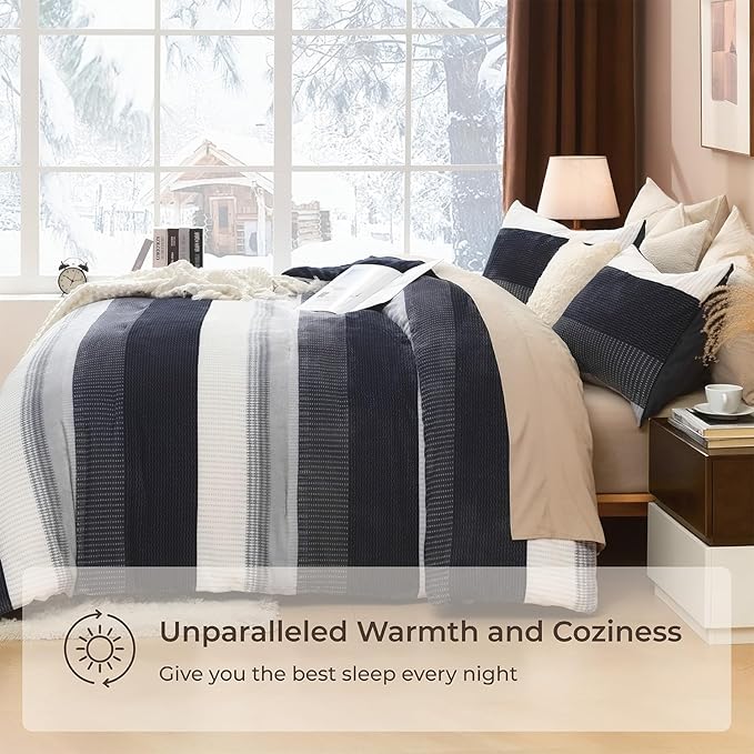 Litanika Fluffy Fleece Full Size Comforter Set, Luxury Soft Plush Fuzzy Black Blue Stripe Bedding Comforter Sets, Warm Shaggy Faux Fur Bed Set All Season (1 Comforter, 2 Pillowcases)