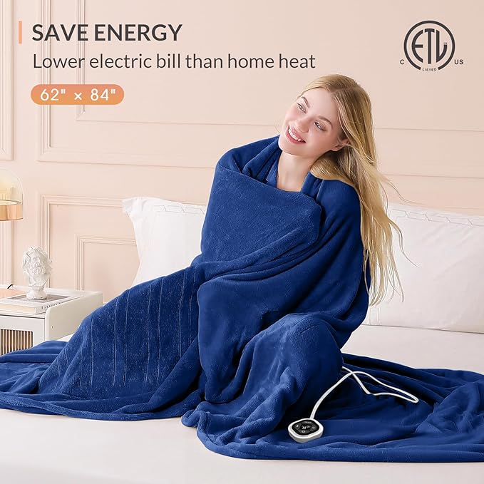 HOMLYNS LuxeHeat Heated Blanket Electric Blanket Twin Size, Soft Flannel Sherpa Heating Blanket with 10 Heat Settings, 1-10 hrs Timer Auto Shut Off (62x84 inches, Navy)