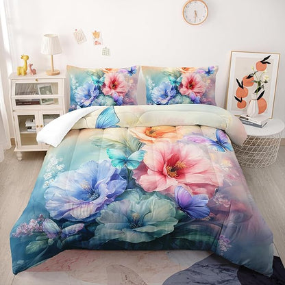 Colorful Flower Comforter Set Twin Size 3 PCS Bed in a Bag,Cute Floral Butterfly Bedding Set for Girls Teens,Ultra Soft Microfiber Comforter Bed Set with 3-Pieces, Floral Bedroom Decor
