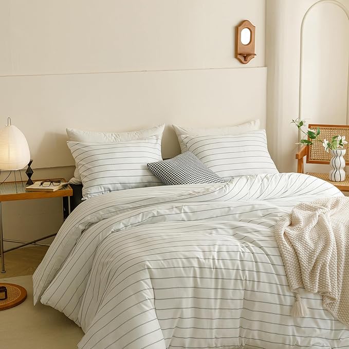 CLOTHKNOW Striped Full Size Comforter Sets White Black Bedding Comforter Sets White Full Comforter Farmhouse Bedding Comforter Soft