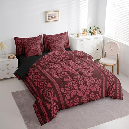 Comforter Set Twin Size, Rusty Red Damask Aztec 7 Pcs Bedding for Kids and Adults, Baroque Western Boho Gothic Floral Bed Sheet Sets with Fitted Sheet 2 Pillowcases & 2 Shams for Bedroom Bed Decor