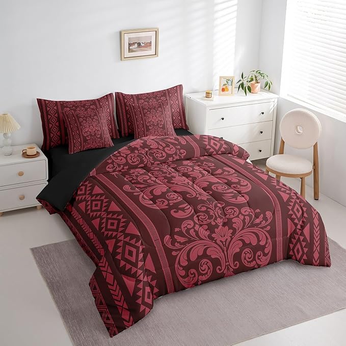 Comforter Set Queen Size, Rusty Red Damask Aztec 7 Pcs Bedding for Kids and Adults, Antique Decor Western Baroque Gothic Bed Sheet Sets with Fitted Sheet 2 Pillowcases & 2 Shams for Bedroom Bed Decor