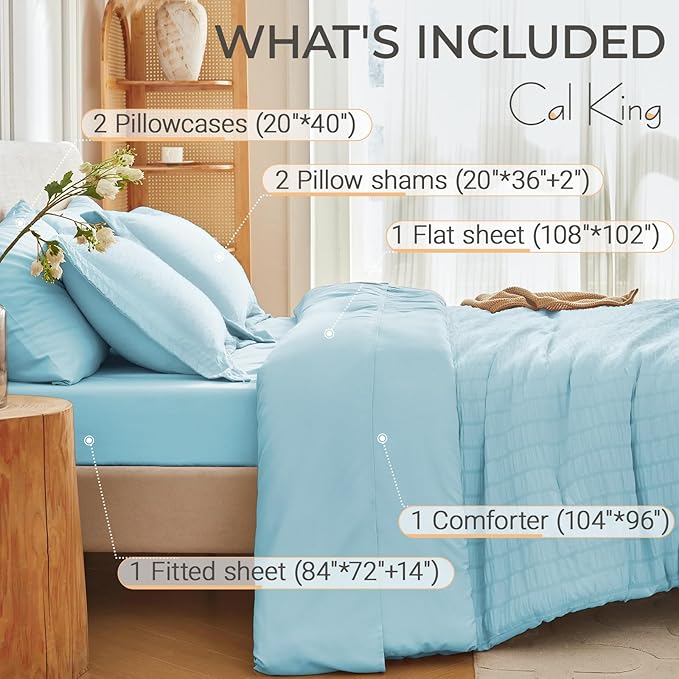 MUXHOMO 7 Pieces California King Comforter Set, Seersucker Bed in a Bag Cal King Size, All Season Luxury Bedding Set with Comforter, Flat Sheet, Fitted Sheet, Pillowcases & Shams, Lake Blue