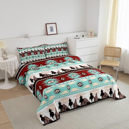 Feelyou Boho Comforter Set Toddler Size Horses Comforter Southwestern Native Aztec Bedding Set Farmhouse Wildlife Duvet Set Room Decor Light Blue Quilt Set