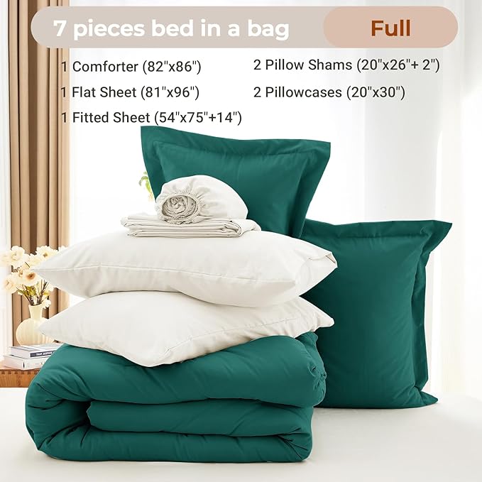 MUXHOMO 7 Pieces Full Comforter Set, Soft Bed in a Bag Full Size, All Season Bedding Set with Comforter, Flat Sheet, Fitted Sheet, Pillowcases & Shams, Peacock Blue & Ivory