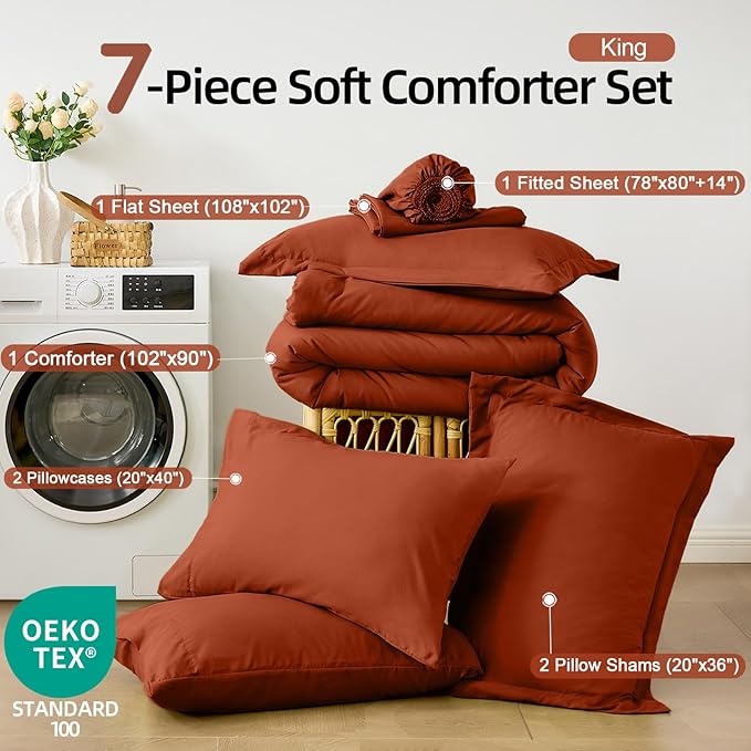 FUANNA King Size Comforter Sets Burnt Orange, 7 Pieces Soft Bedding Set, All Season Lightweight Bed in a Bag with Comforter, Flat Sheet, Fitted Sheet, Pillowcases & Shams