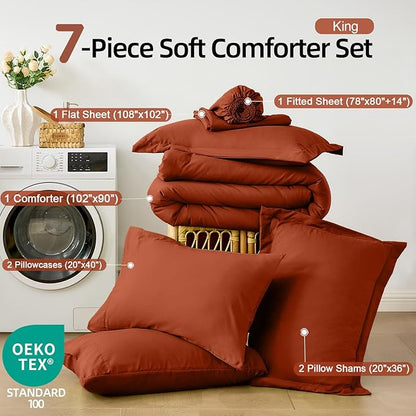 FUANNA King Size Comforter Sets Burnt Orange, 7 Pieces Soft Bedding Set, All Season Lightweight Bed in a Bag with Comforter, Flat Sheet, Fitted Sheet, Pillowcases & Shams